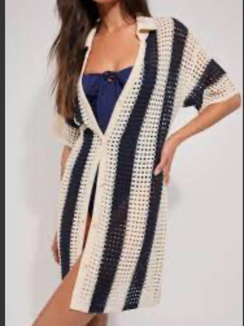 Lulu's Navy & Cream Striped Open-Knit Beach Cardigan Swim Coverup Sz S